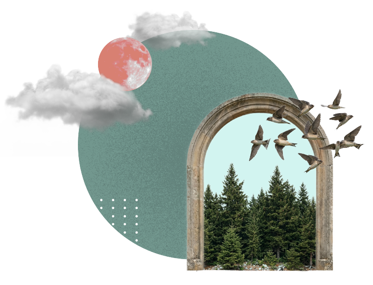 Editorial collage of mountains, lighthouse, birds and moon